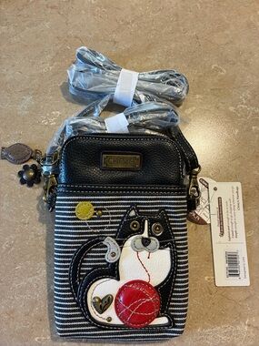 Chala Black & White Striped Crossbody with Red Accent Cat